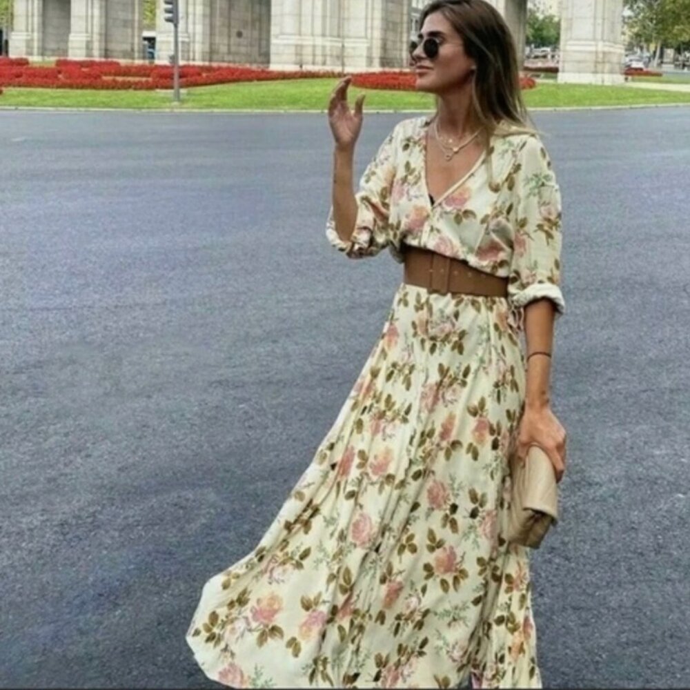 ZARA V Neck Floral Midi Dress S NEW